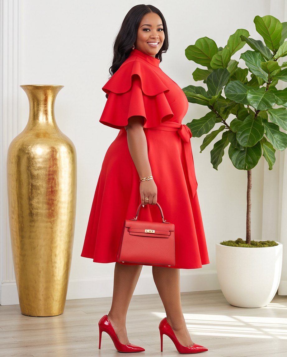 Plus Size Red Extravagant Sleeve Dress