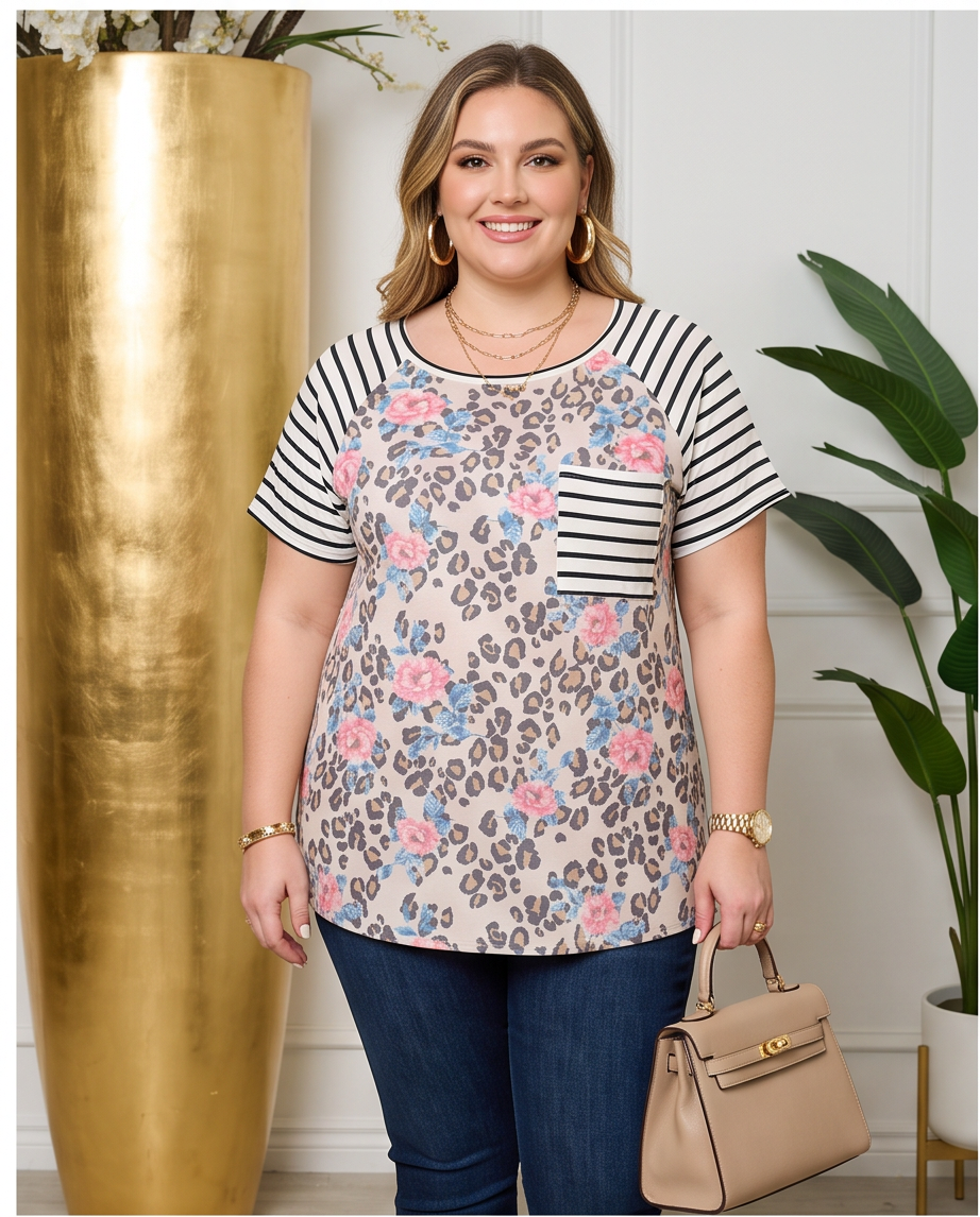 Plus Size Animal Print Striped Top