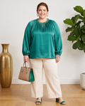 Plus Size Emerald Green Silk Long Sleeve Top