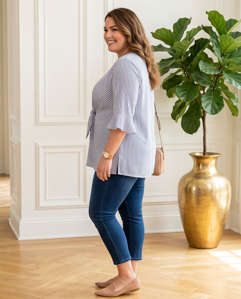 Plus Size Knot Front Ruffle Sleeve Top