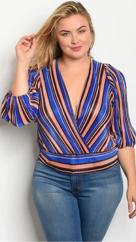 Plus Size Blue Striped Cropped Top - 1054