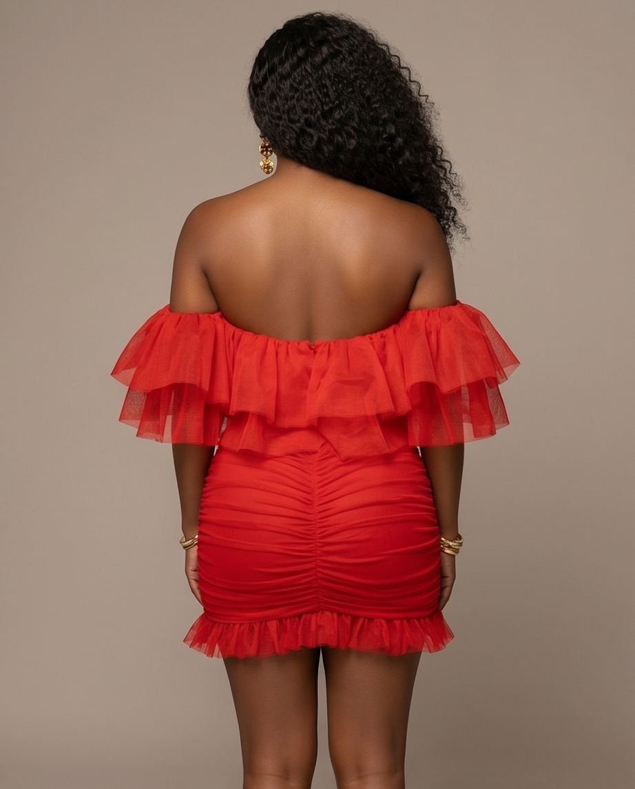 Red Tulle Off Shoulder Frill Dress