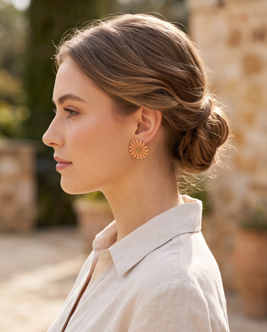 Orange Sunflower Clip On Earring