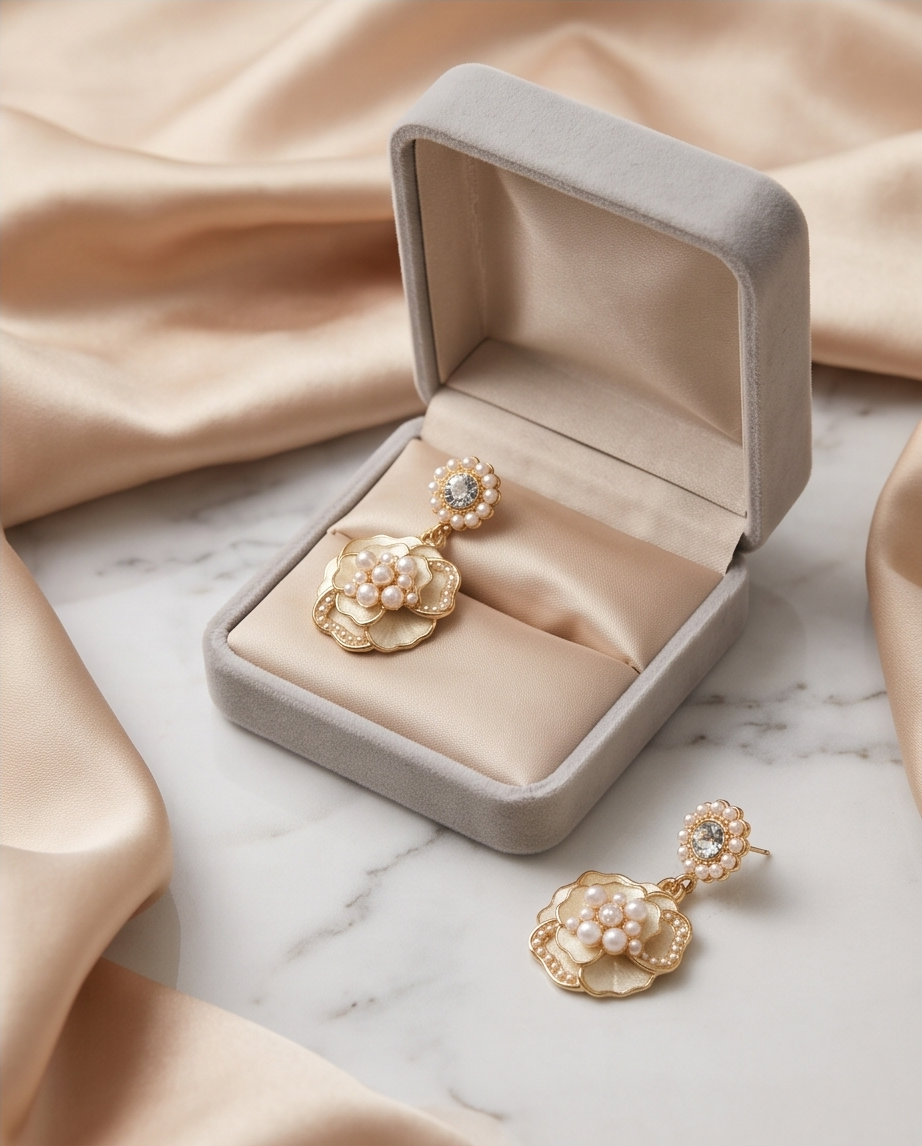 Ivory Flower With Pearls Earrings