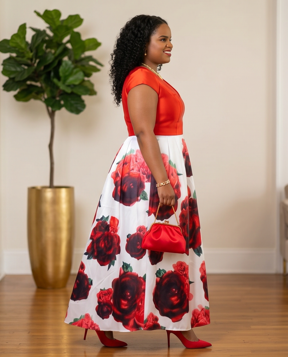 Plus Size Red Rose Print Formal Dress