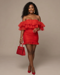Red Tulle Off Shoulder Frill Dress
