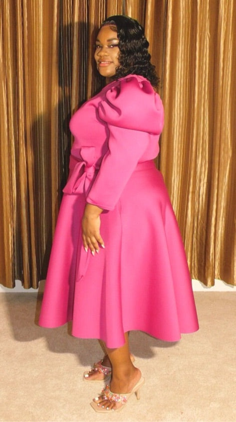 Plus Size Pink Long Sleeve Skater Dress - 2407