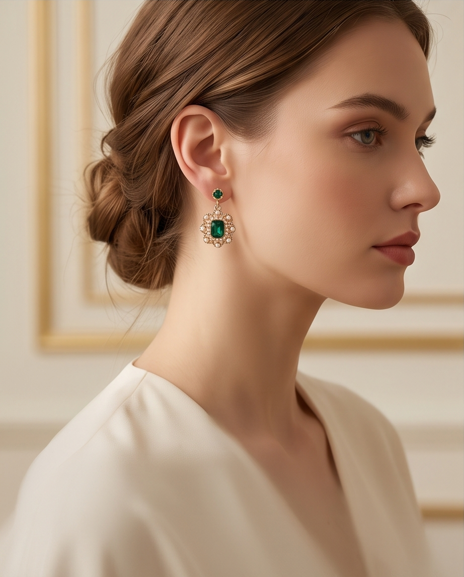 Green Diamond With Pearl Trim Earrings
