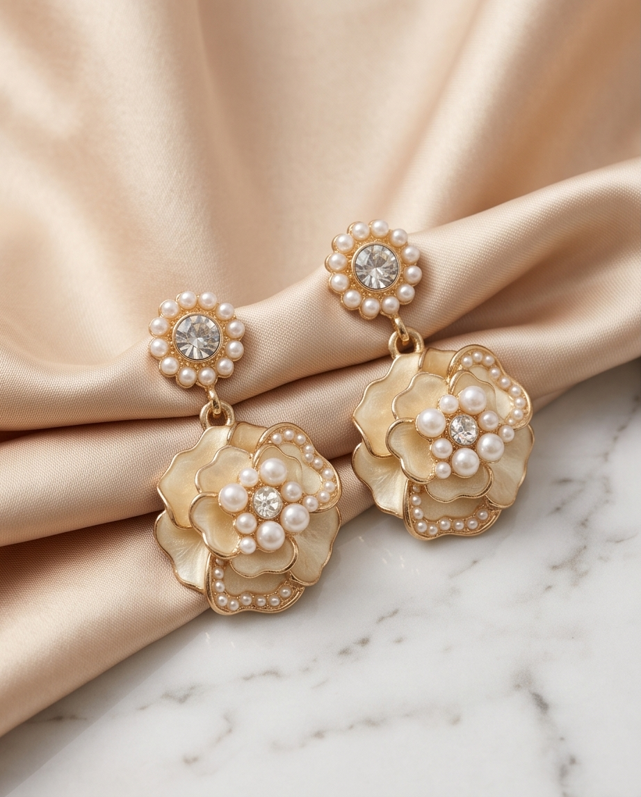 Ivory Flower With Pearls Earrings