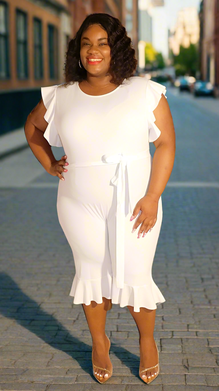 Plus Size White Ruffle Trim Jumpsuit - 2736