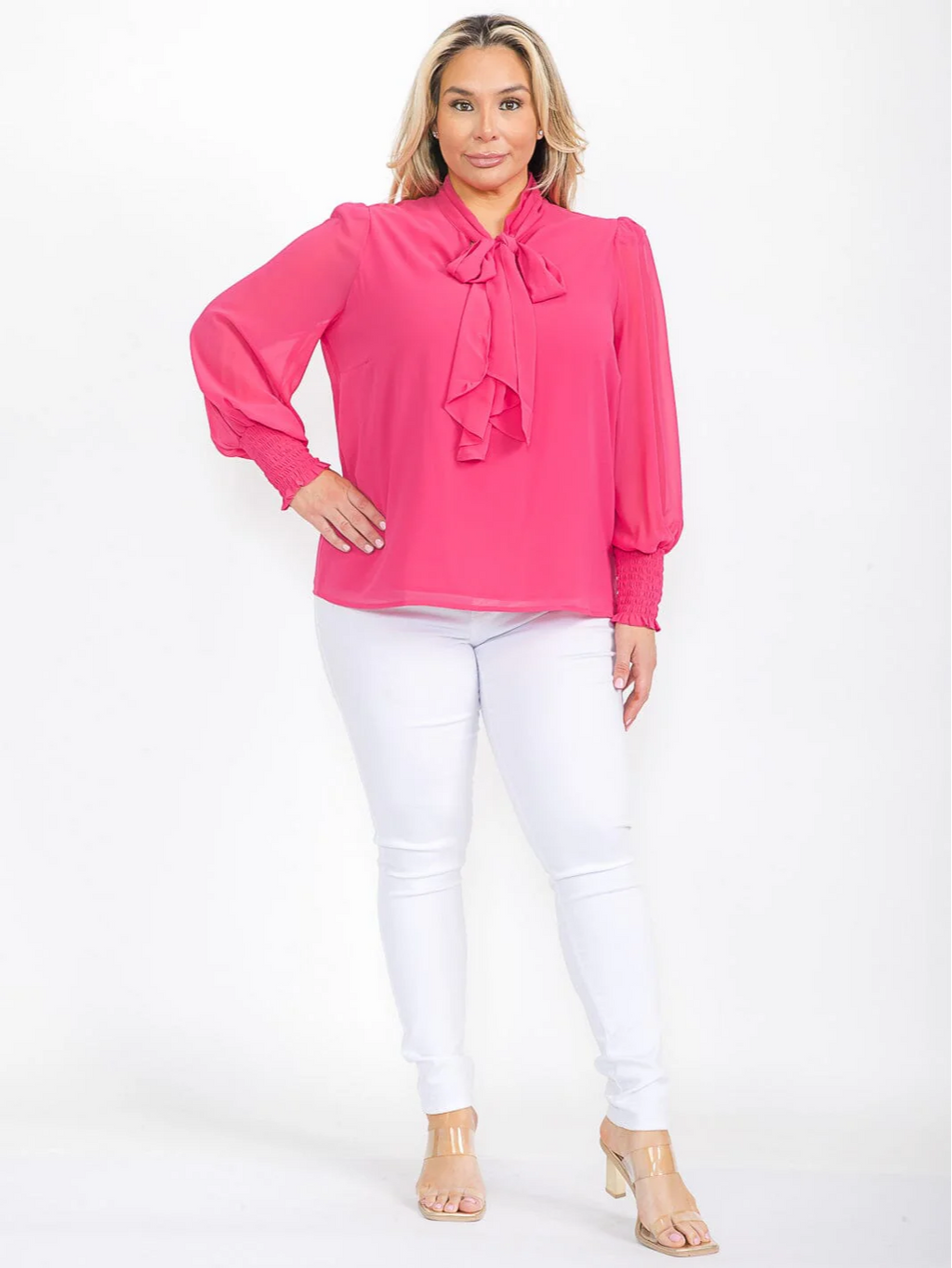 Plus Size Pink Long Sleeve Tie Neck Solid Blouse - STT16919SX