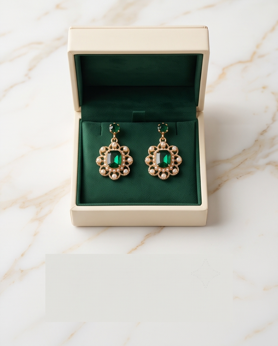 Green Diamond With Pearl Trim Earrings