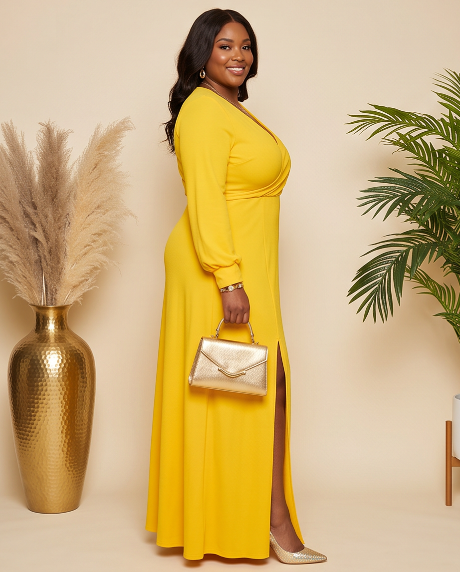 Plus Size Yellow Side Slit Maxi Dress