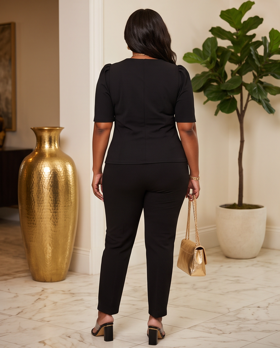 Plus Size Black Gathered Sleeve Top