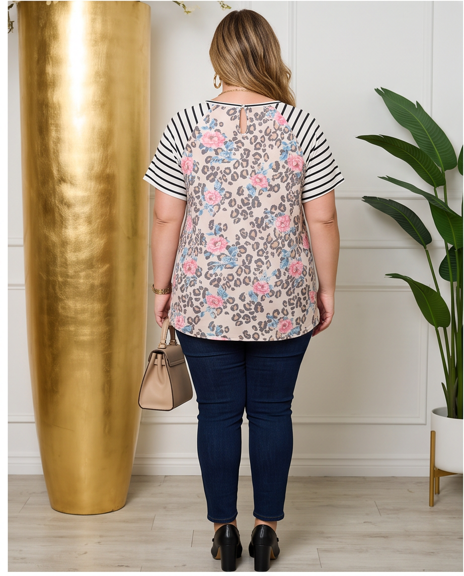 Plus Size Animal Print Striped Top