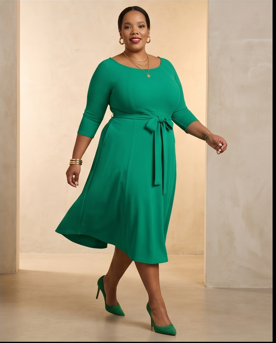 Plus Size Emerald Green Belted Dress