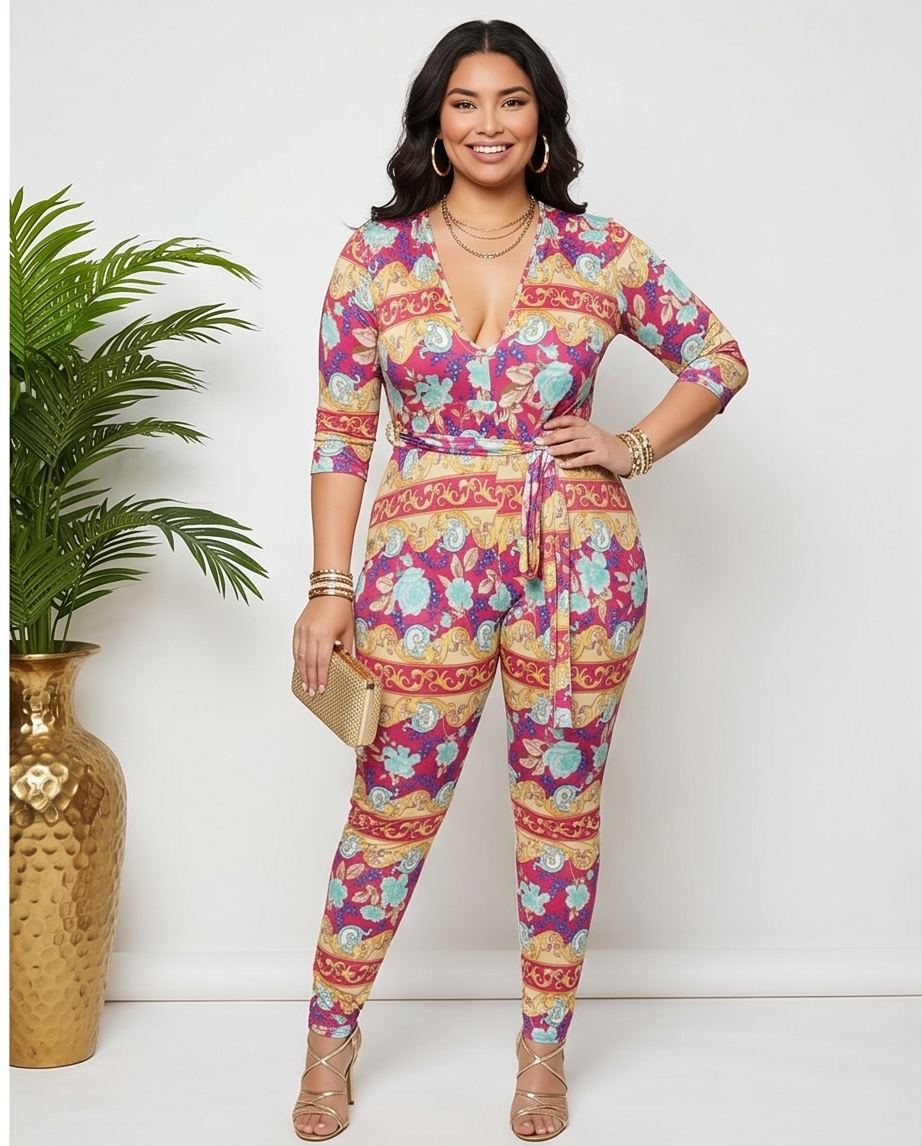 Plus Size Deep Neckline Fitted Jumpsuit