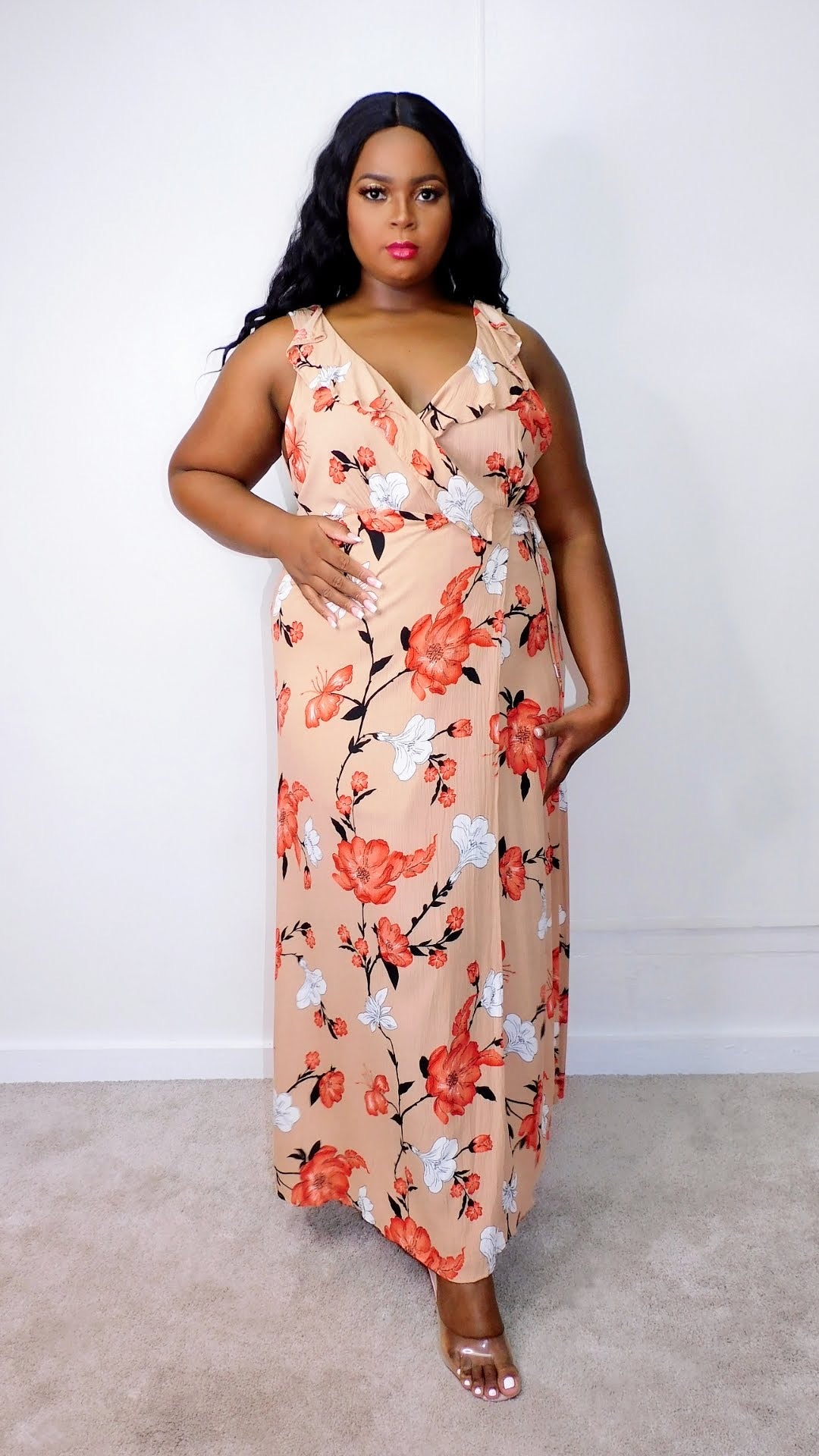 Plus Size Tan Floral Maxi Wrap Dress - 1274