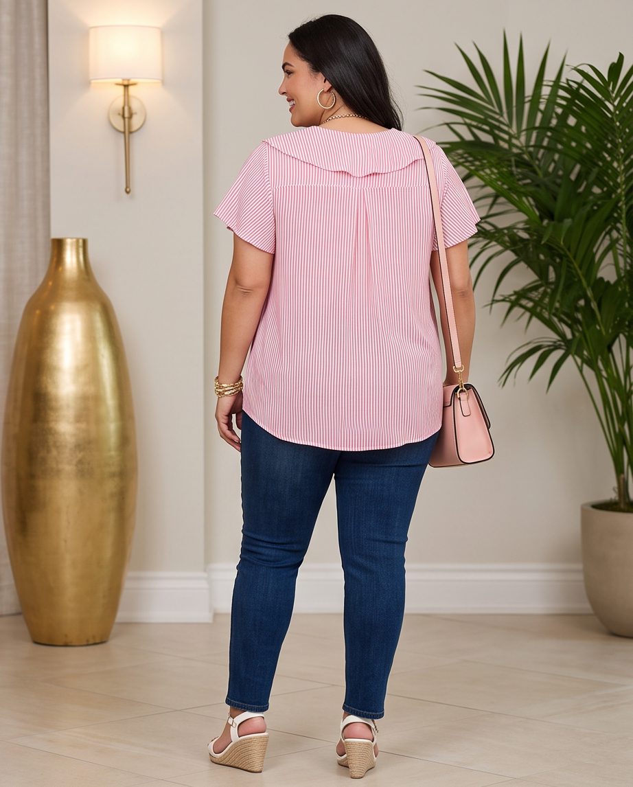 Plus Size Pink Ruffle Striped Top