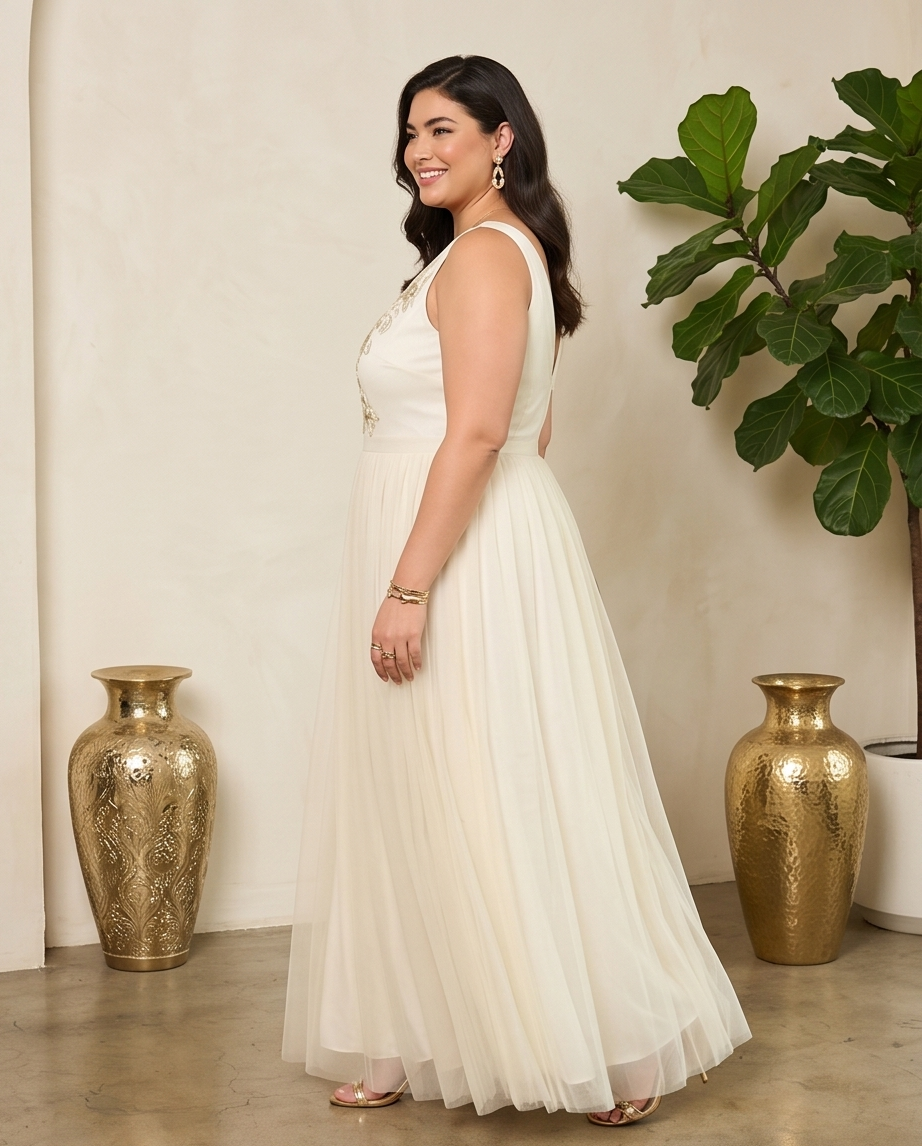 Plus Size Ivory Tulle Maxi Sheer Dress