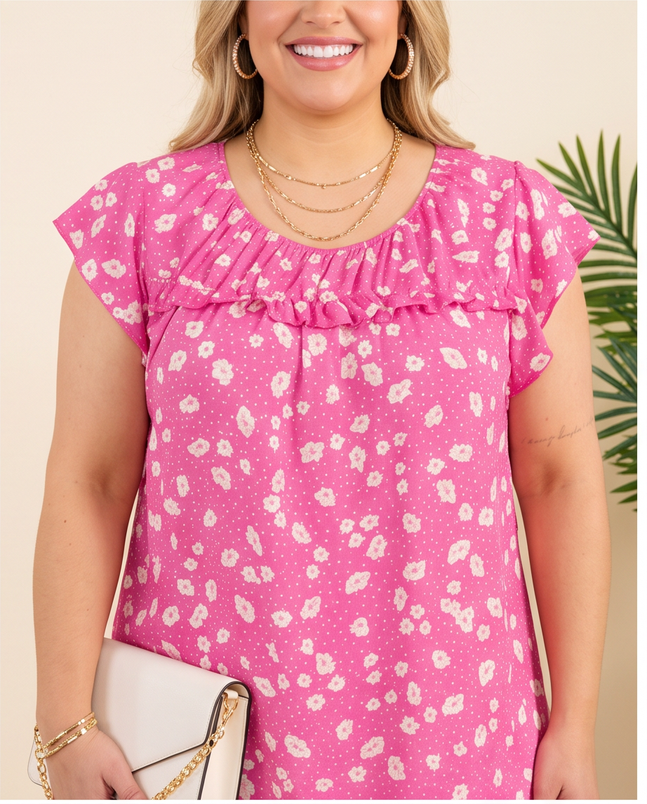 Plus Size Pink & White Ruffle Top