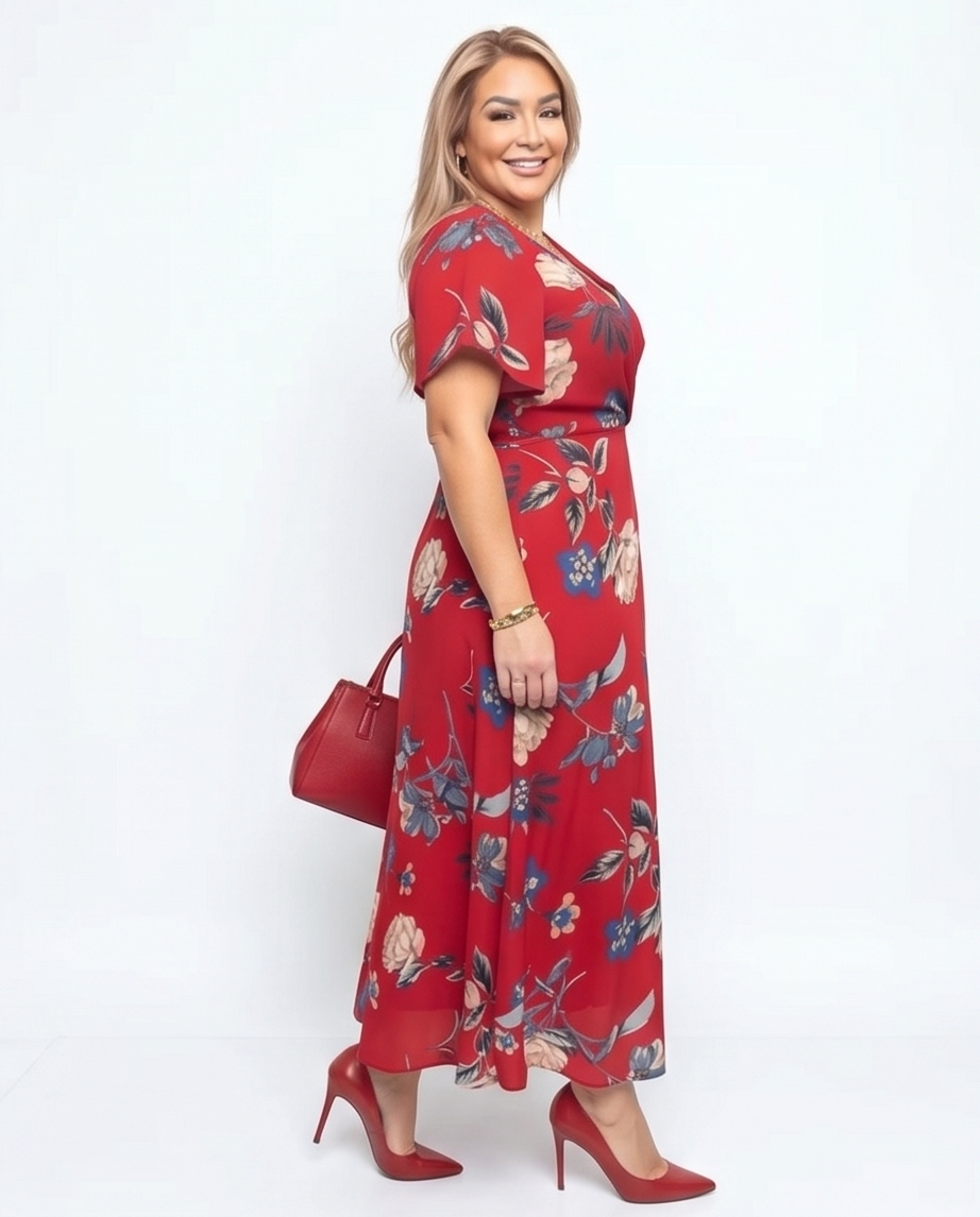 Plus Size Burgundy Floral Maxi Wrap Dress