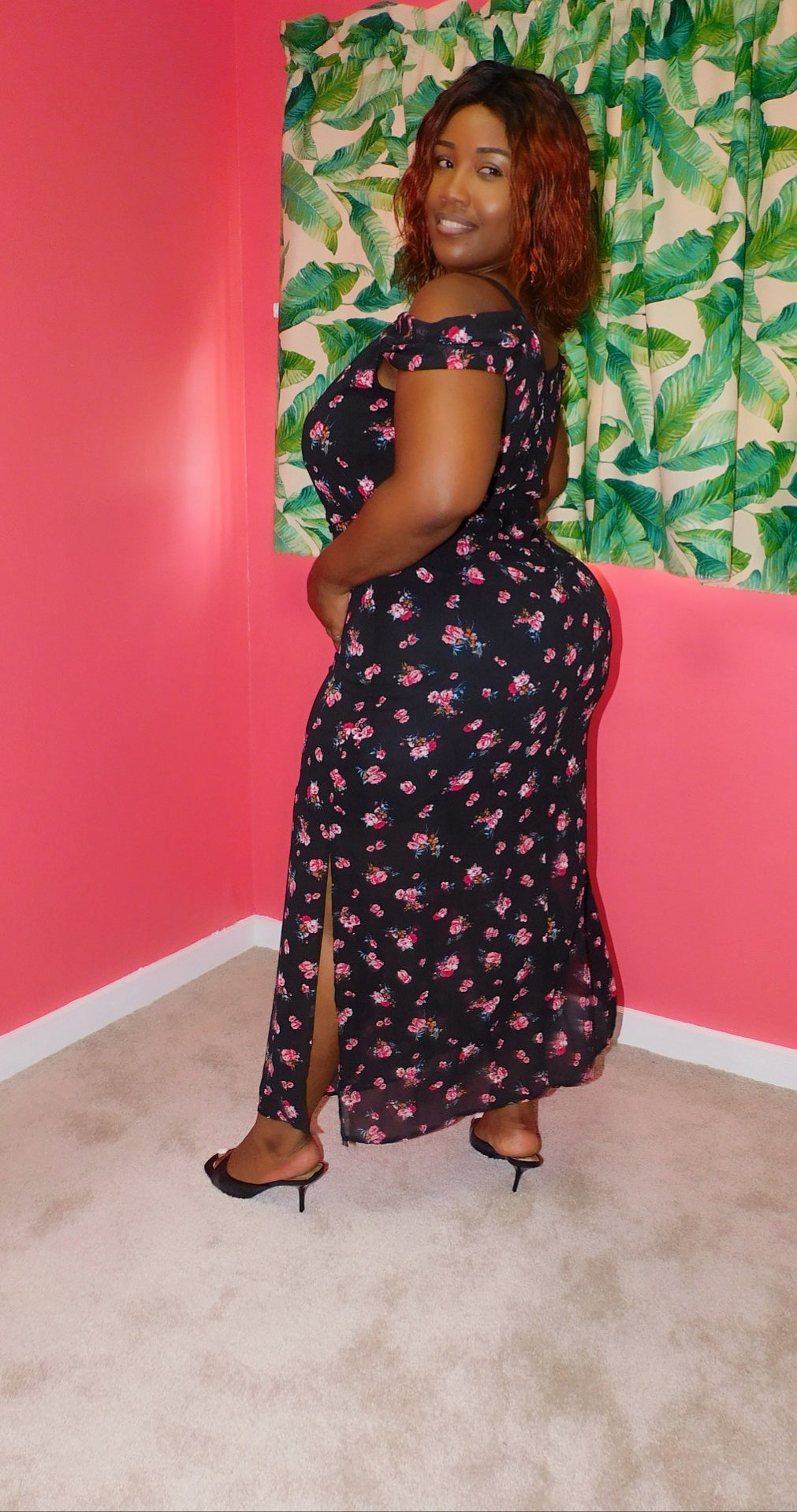 Mid-size Belted Floral Side Slit Maxi Dress