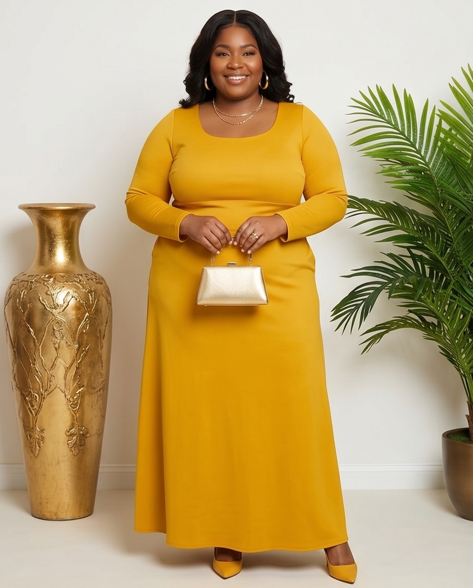 Plus Size Mustard Square Neck Maxi Dress
