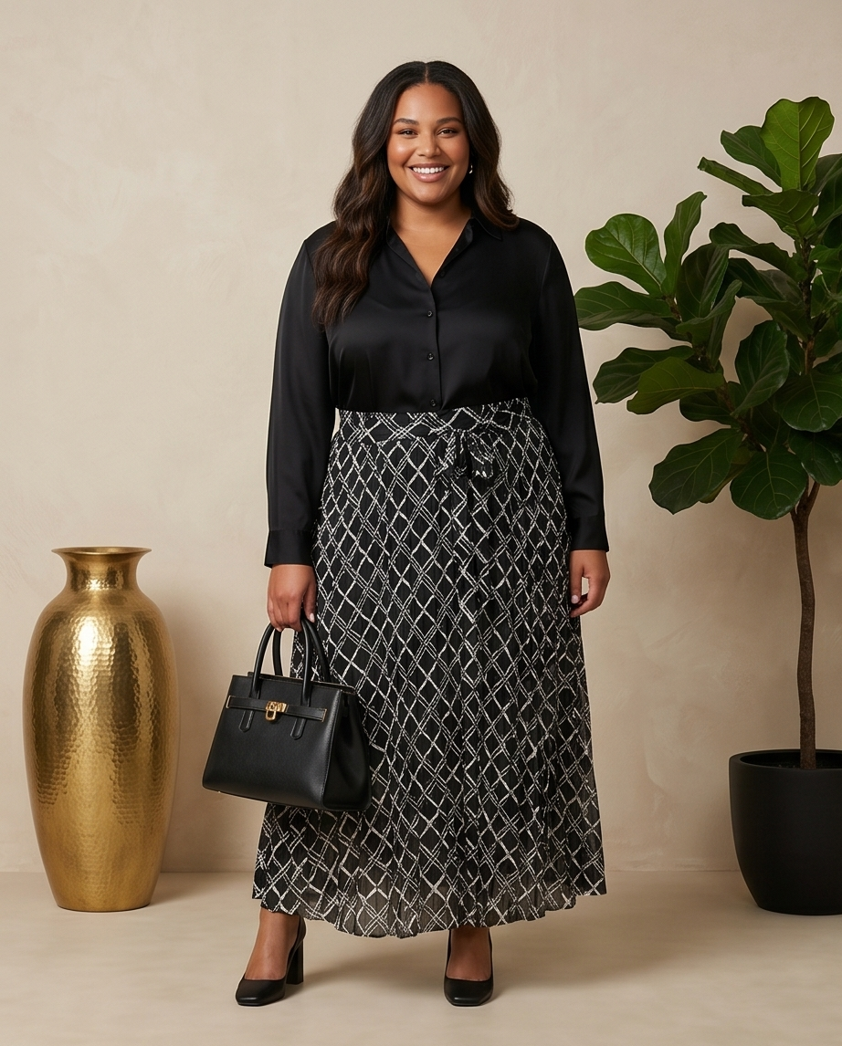 Plus Size Black Maxi Pleated Shirt