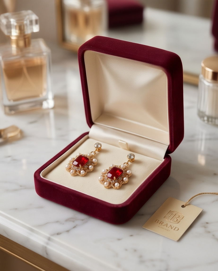 Red Diamond With Pearl Earrings