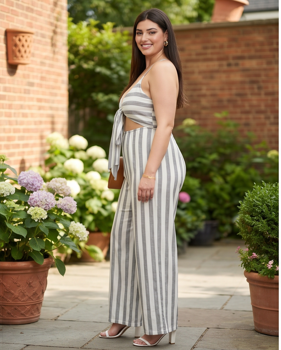 Plus Size Striped Cutout Detail Jumpsuit