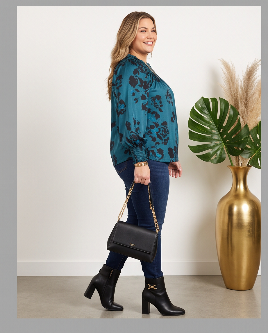 Plus Size Teal & Black Smocked Neck Top
