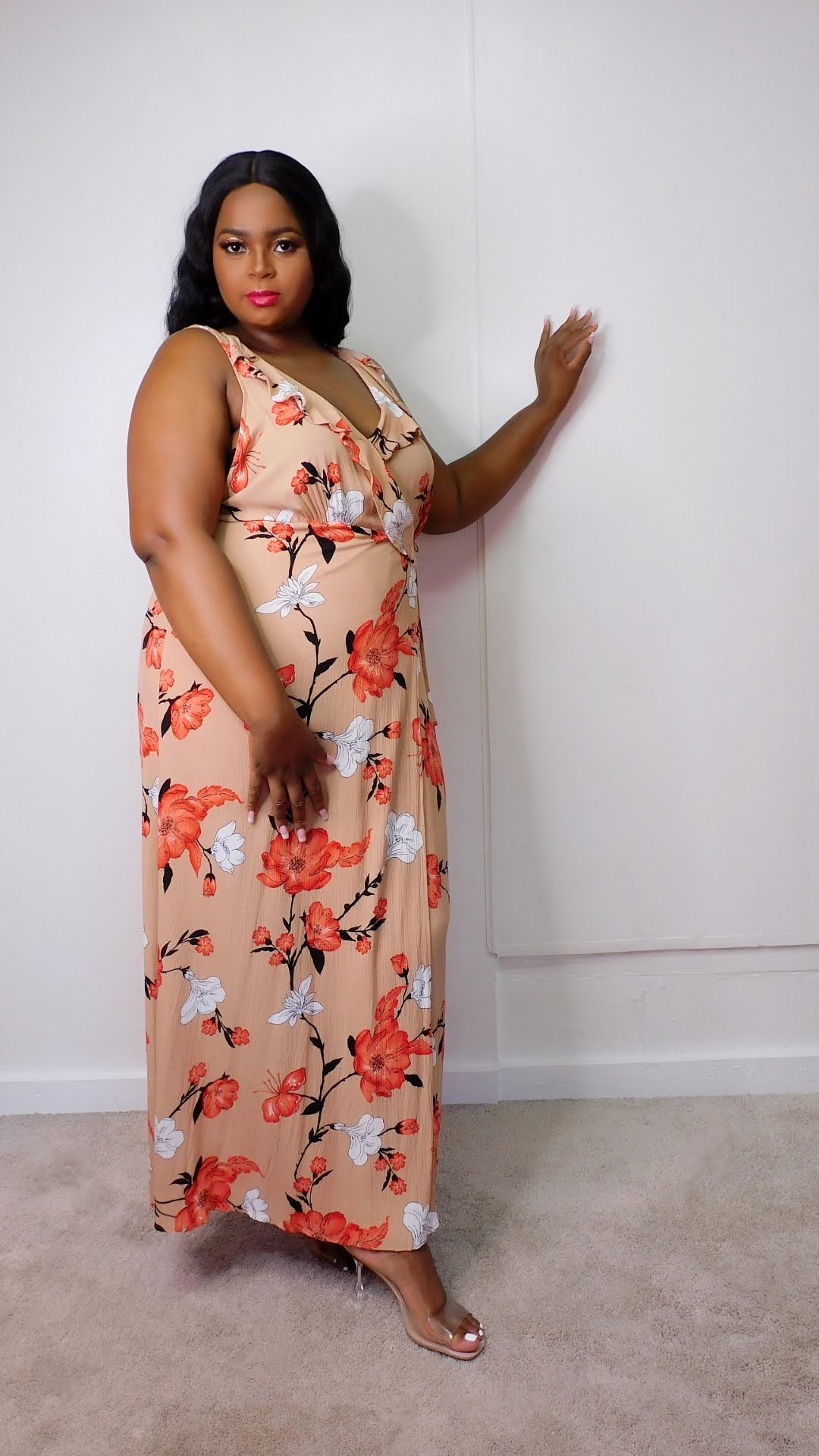 Plus Size Tan Floral Maxi Wrap Dress - 1274
