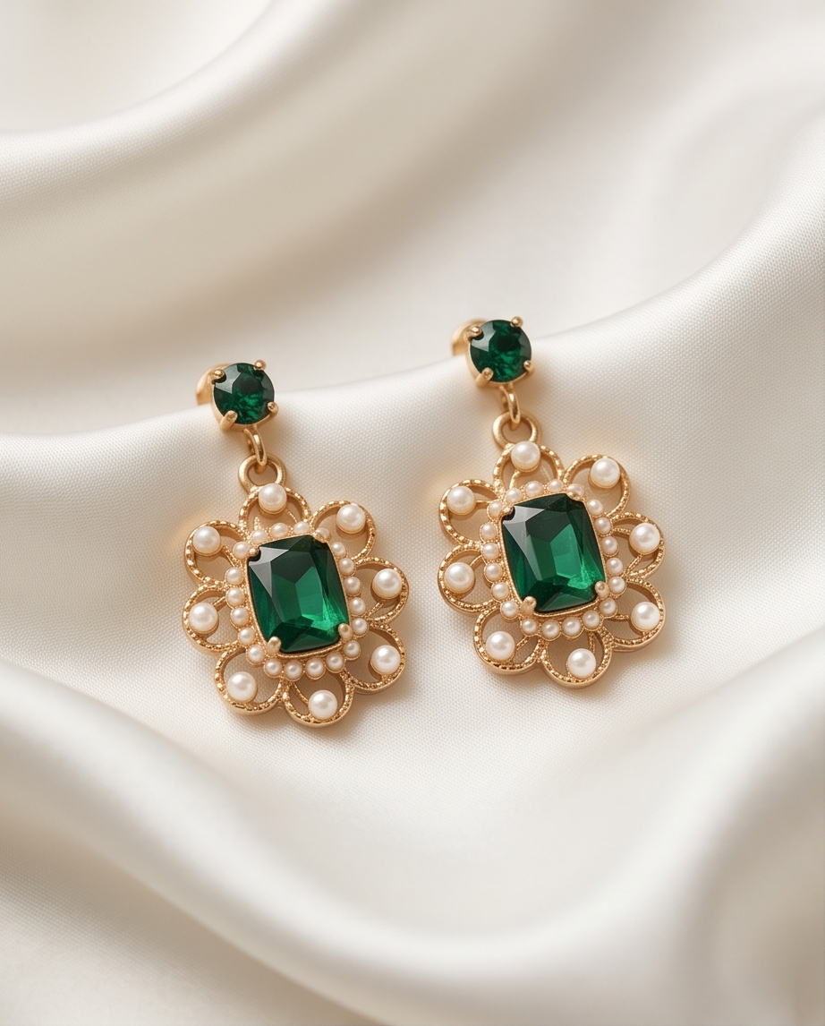Green Diamond With Pearl Trim Earrings