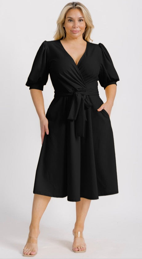 Plus Size Black Belted Skater Dress - 1741