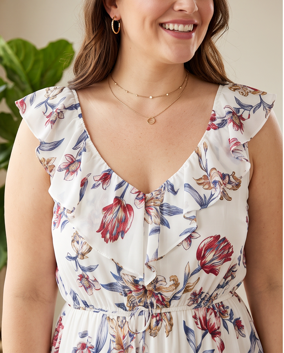 Plus Size White Floral Ruffle Maxi Dress