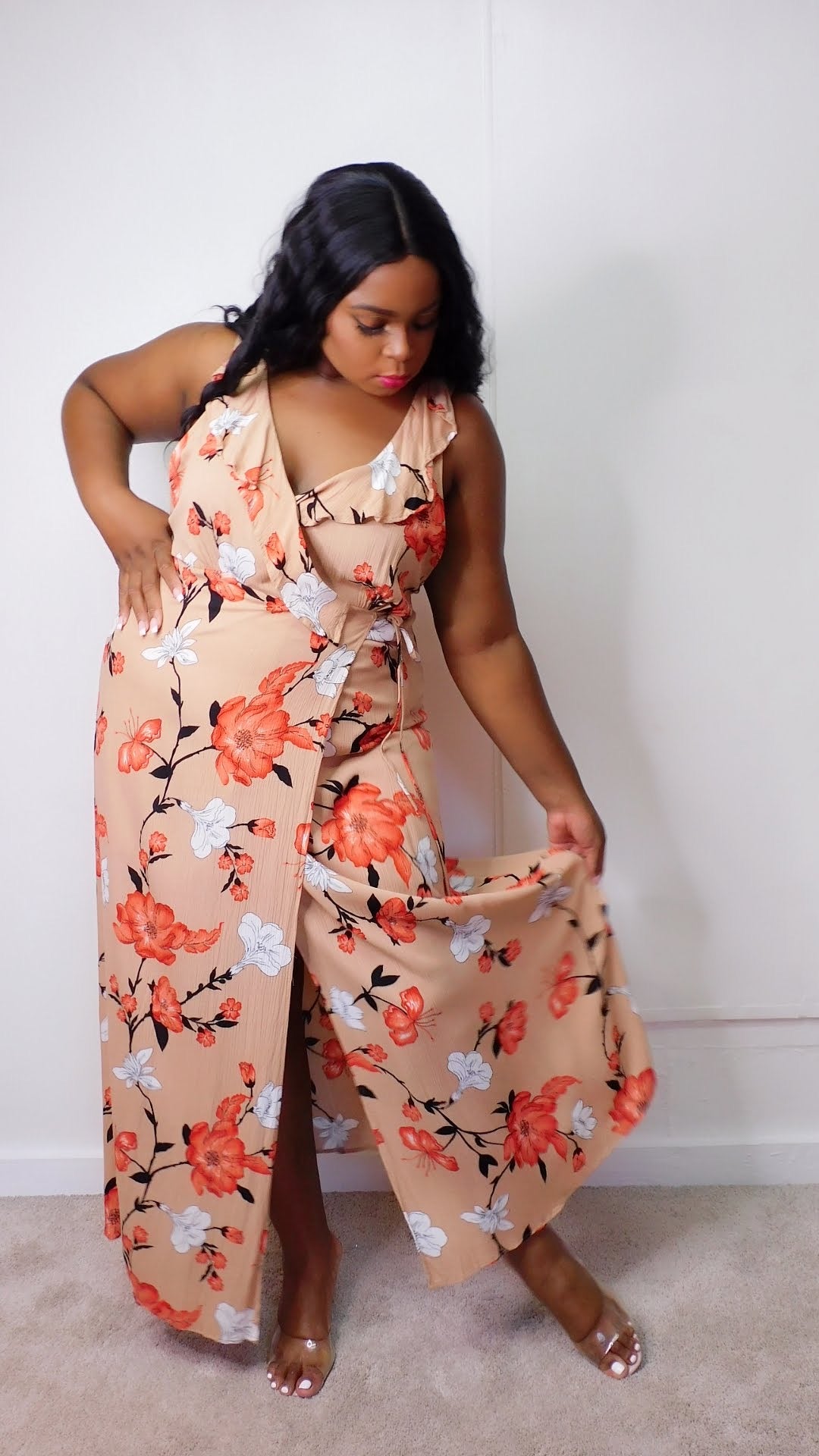 Plus Size Tan Floral Maxi Wrap Dress - 1274