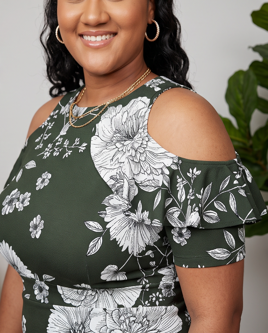 Plus Size Green Cold Shoulder Ruffle Dress