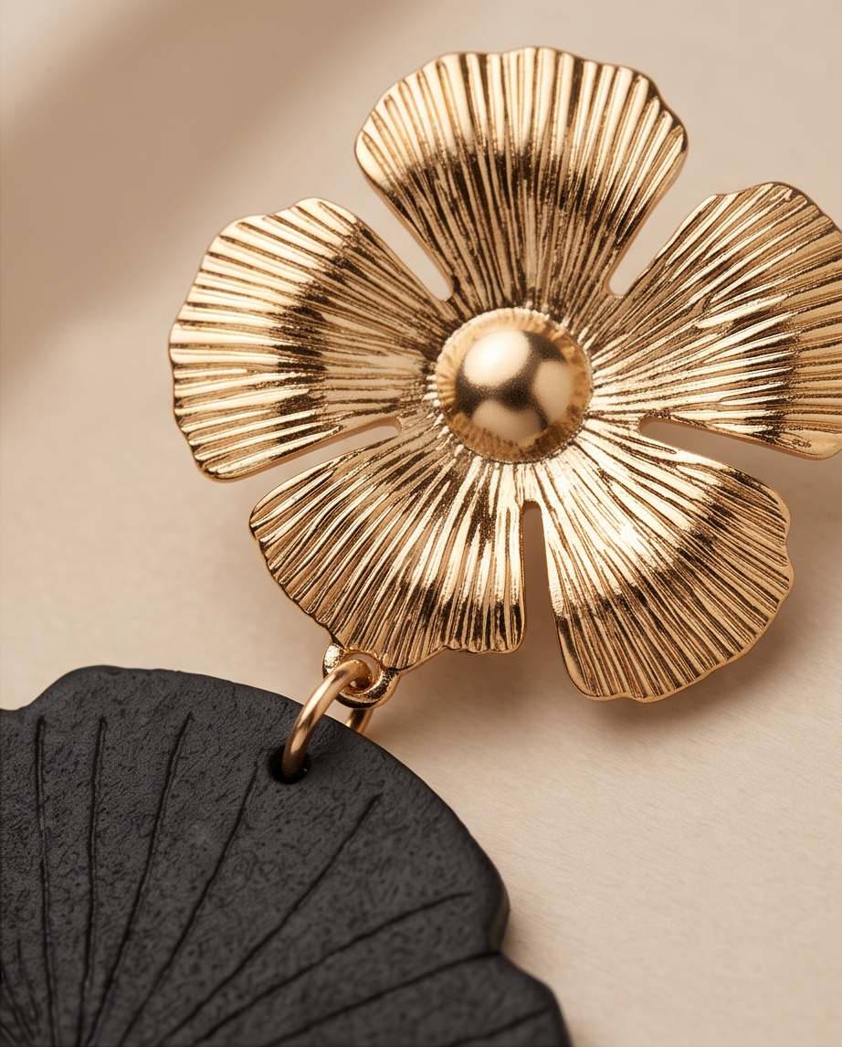 Gold & Black Flower Pattern Earrings