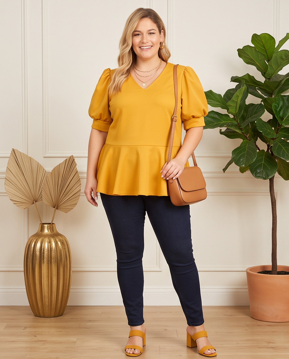 Plus Size Mustard Tie Neck Top