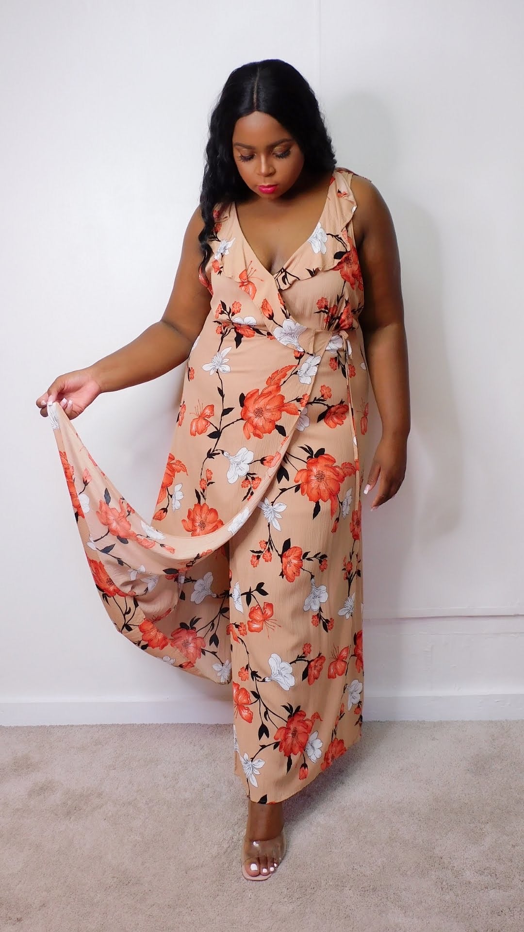 Plus Size Tan Floral Maxi Wrap Dress - 1274