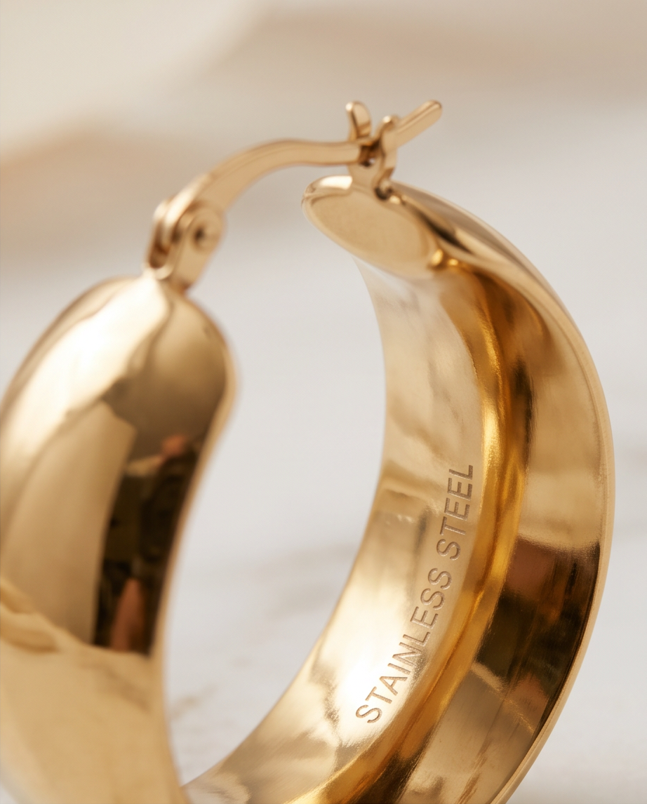 Gold Stainless Steel Wide Hoop Earrings