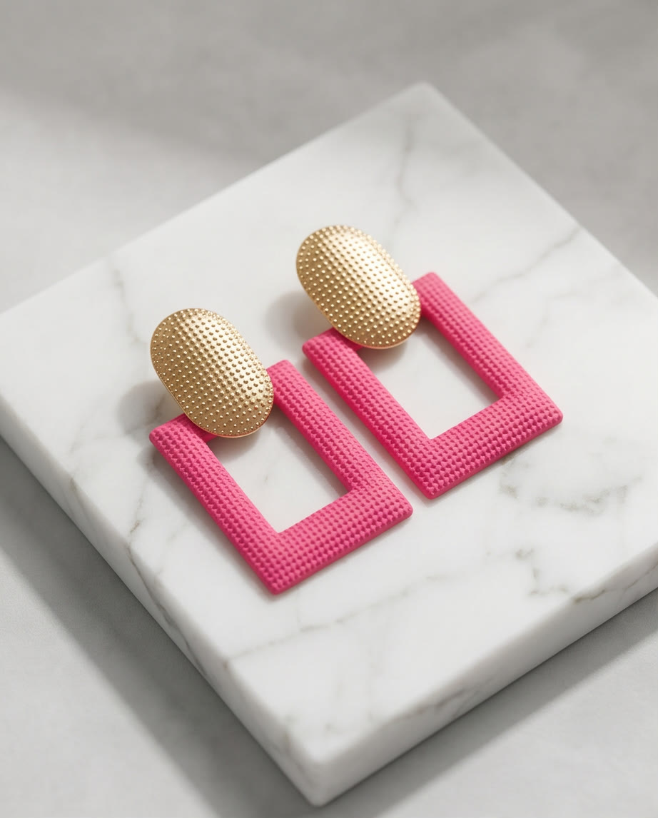 Gold And Pink Boxy Earrings