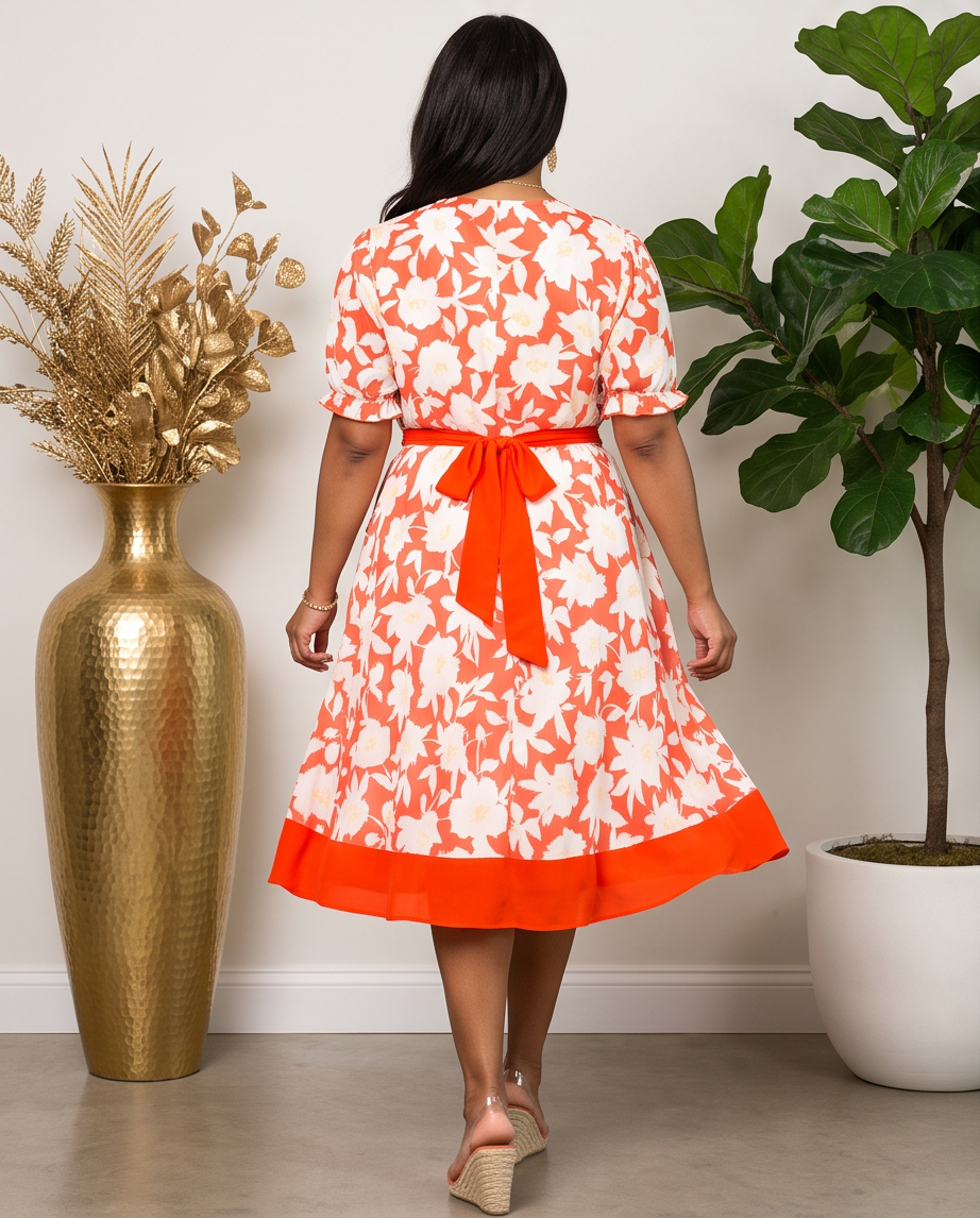 Plus Size Orange Floral Midi Wrap Dress
