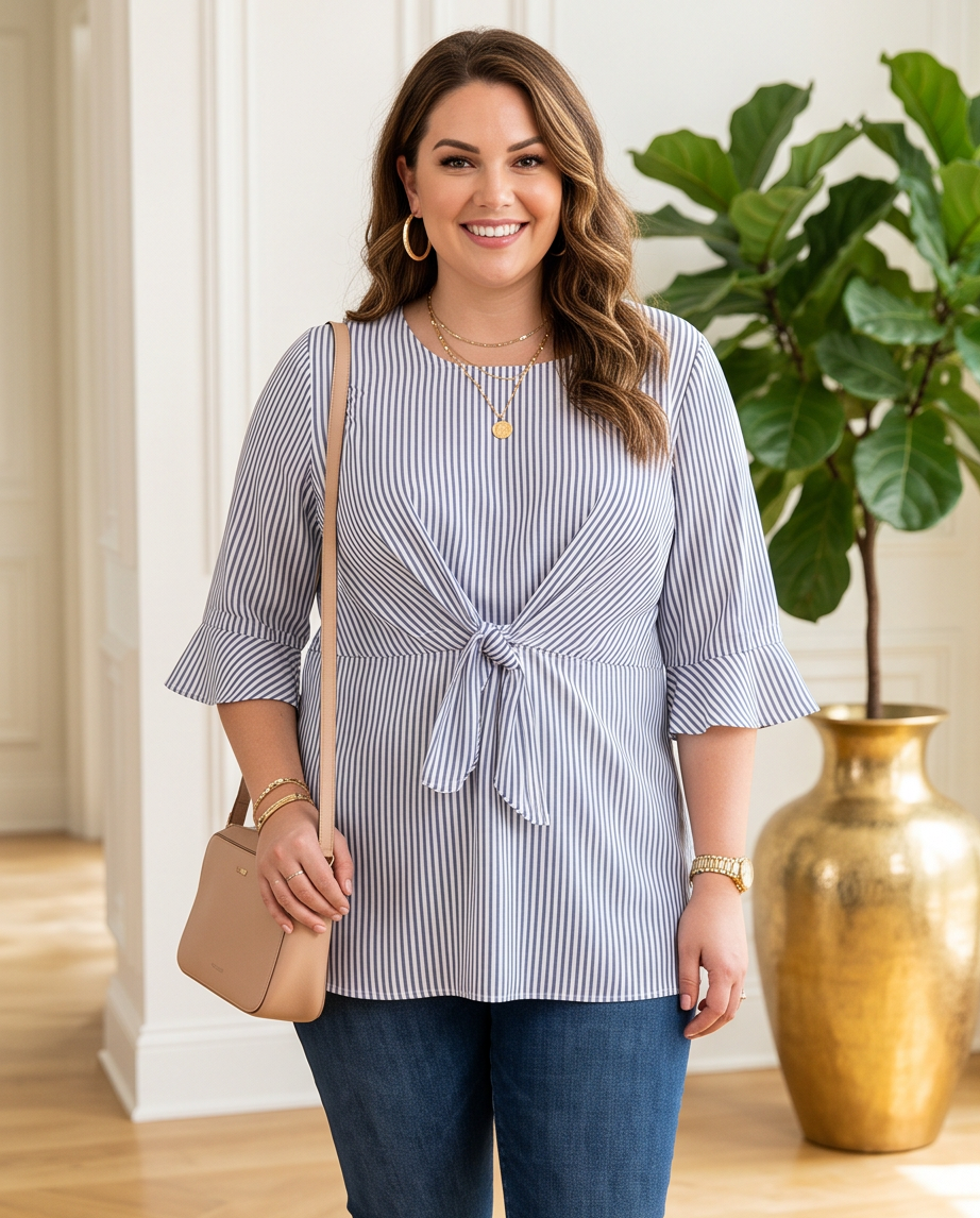 Plus Size Knot Front Ruffle Sleeve Top