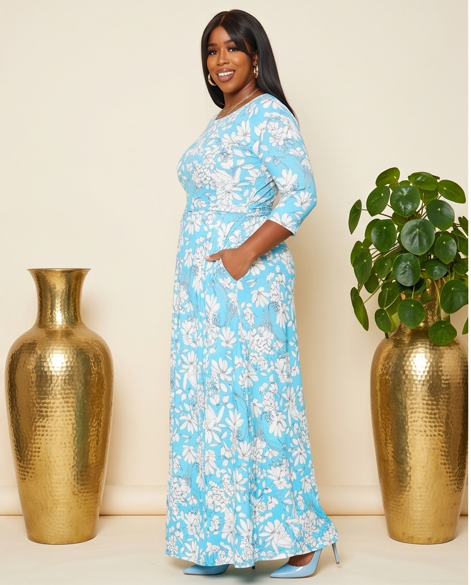 Plus Size Blue Wrap Floral Maxi Dress
