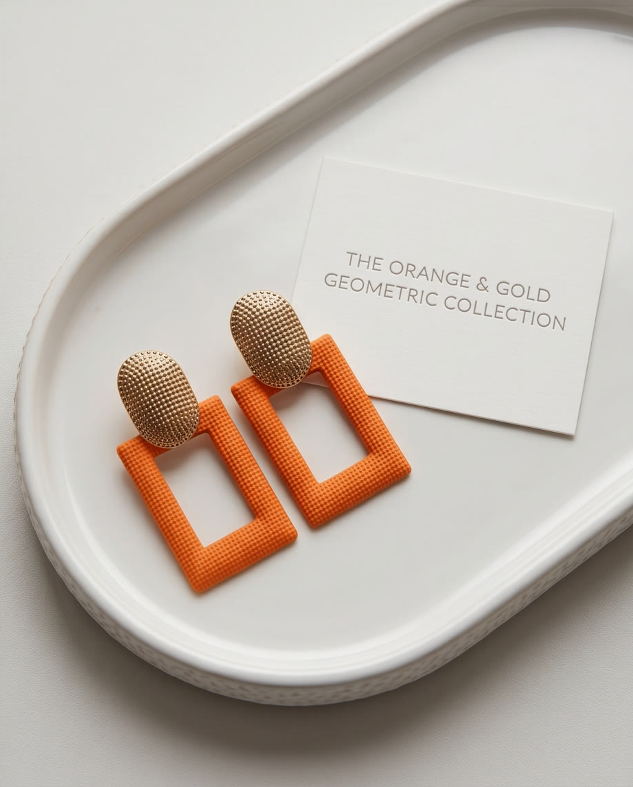 Gold And Orange Boxy Earrings