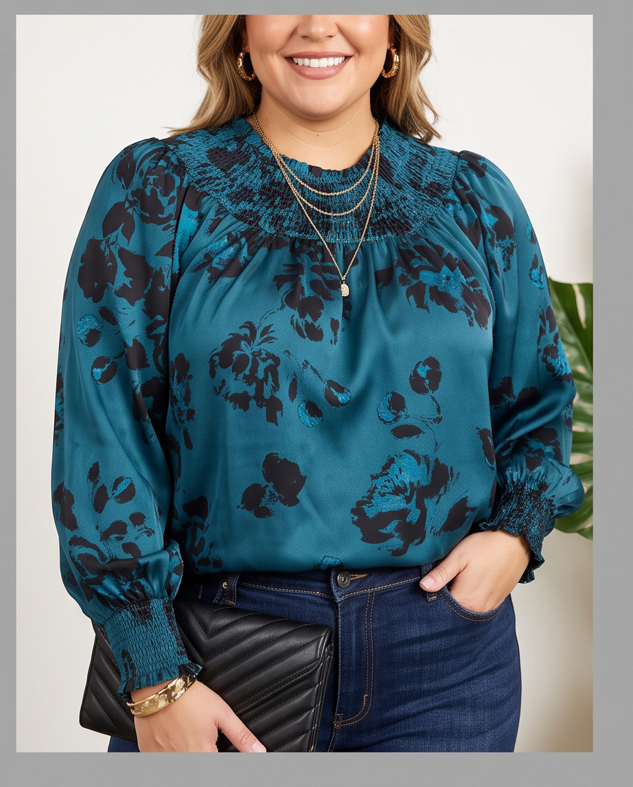 Plus Size Teal & Black Smocked Neck Top