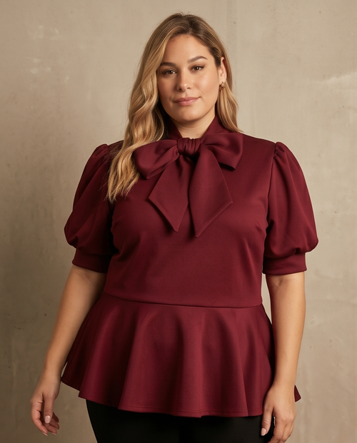 Extra Plus Burgundy Tie Neck Peplum Top