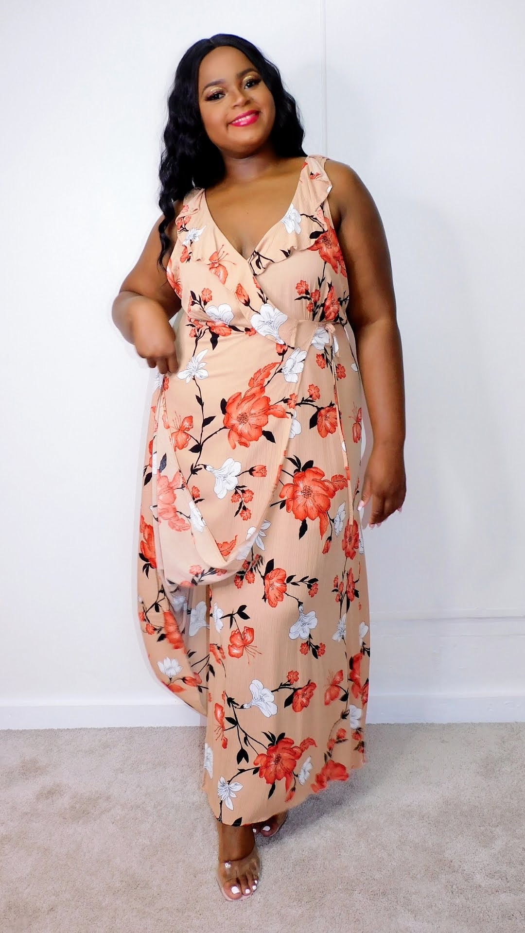 Plus Size Tan Floral Maxi Wrap Dress - 1274